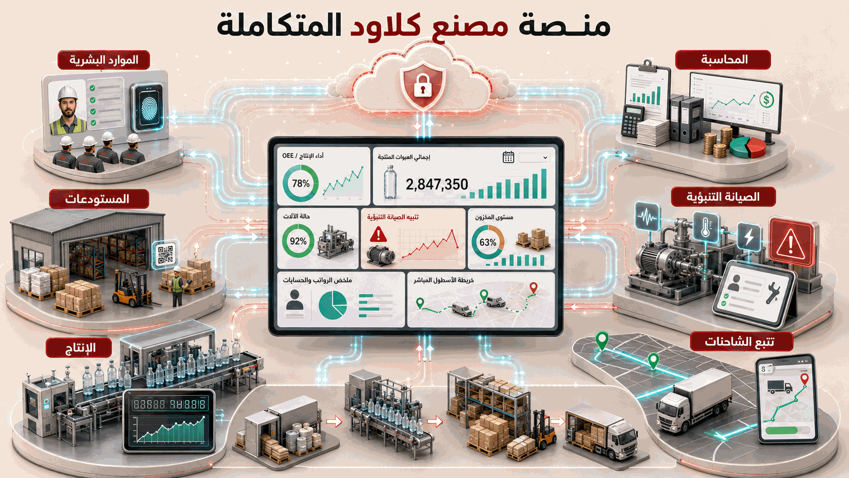 منصة مصنع كلاود المتكاملة — إنتاج، مستودعات، موارد بشرية، محاسبة، صيانة تنبؤية وتتبع شاحنات